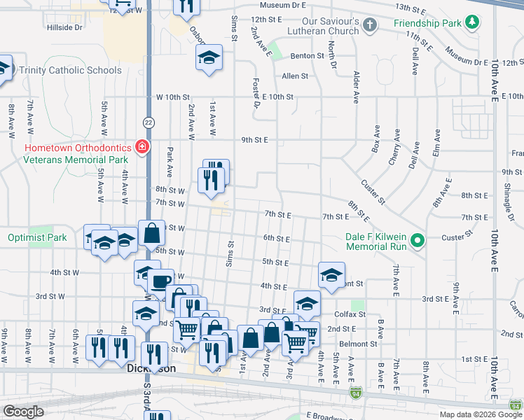 map of restaurants, bars, coffee shops, grocery stores, and more near 638 1st Avenue West in Dickinson