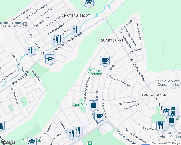 map of restaurants, bars, coffee shops, grocery stores, and more near 1249 Rue du Girasol in Quebec