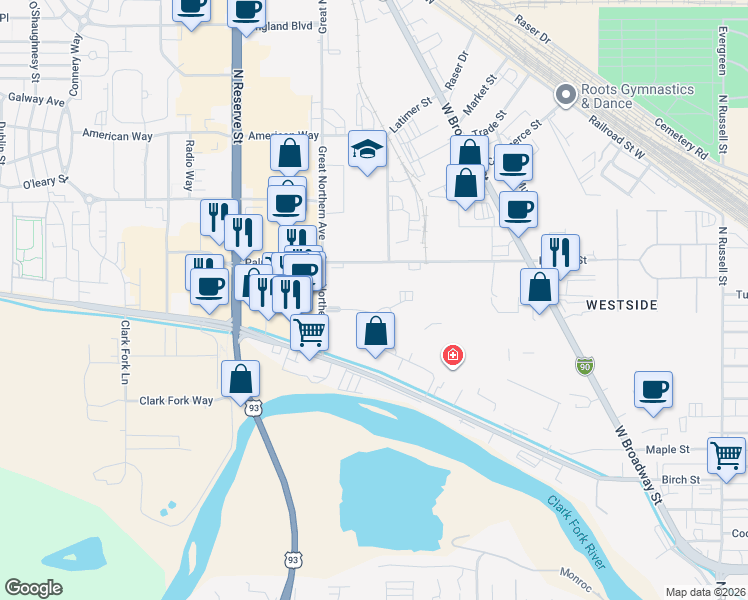 map of restaurants, bars, coffee shops, grocery stores, and more near 2200 Great Northern Avenue in Missoula