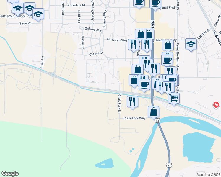 map of restaurants, bars, coffee shops, grocery stores, and more near 3770 Mullan Road in Missoula