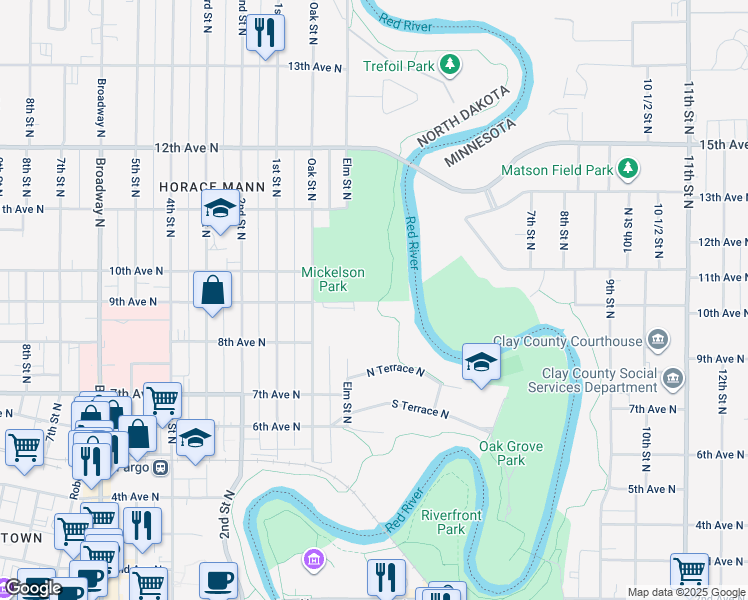 map of restaurants, bars, coffee shops, grocery stores, and more near 756-1198 North River Road in Fargo