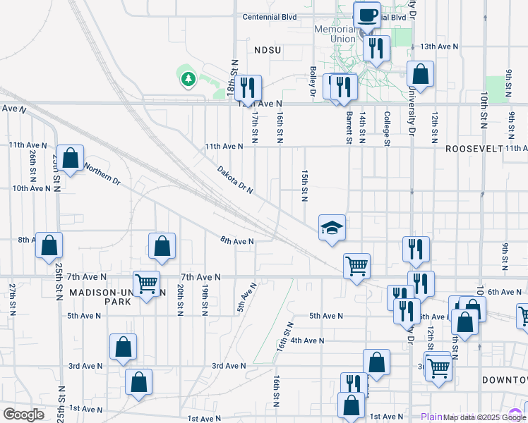 map of restaurants, bars, coffee shops, grocery stores, and more near 1630 Dakota Drive North in Fargo