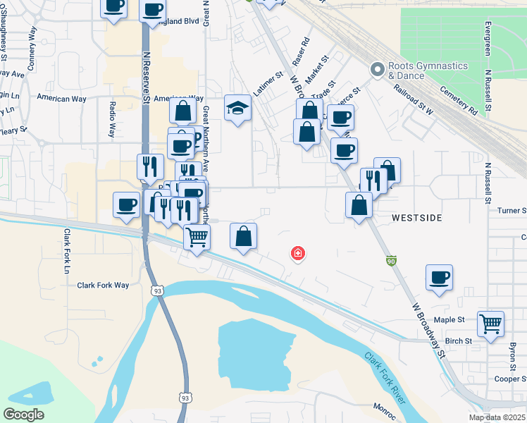 map of restaurants, bars, coffee shops, grocery stores, and more near 2840 Sante Fe Court in Missoula