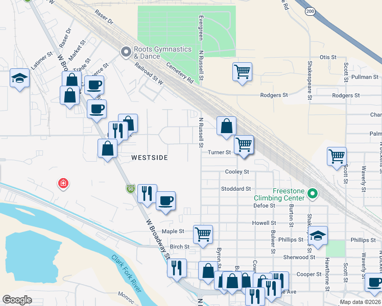 map of restaurants, bars, coffee shops, grocery stores, and more near 1 S Caravan in Missoula
