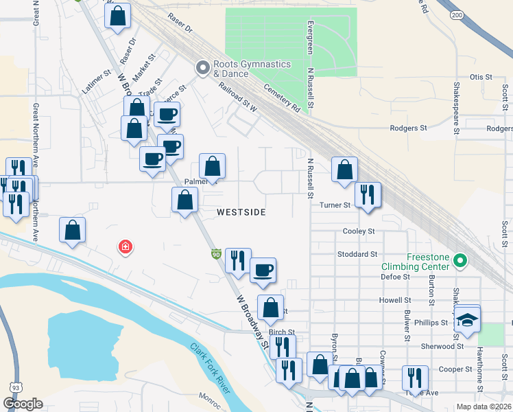 map of restaurants, bars, coffee shops, grocery stores, and more near in Missoula