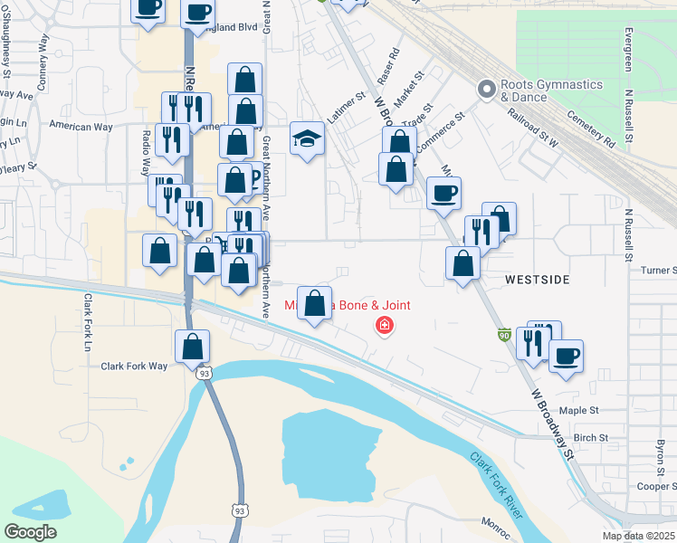 map of restaurants, bars, coffee shops, grocery stores, and more near 2840 Sante Fe Court in Missoula