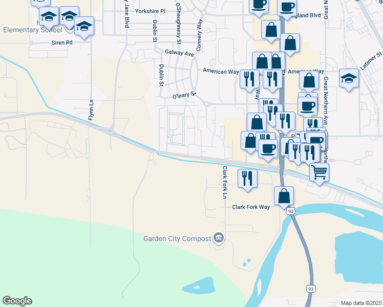 map of restaurants, bars, coffee shops, grocery stores, and more near 3550 Mullan Road in Missoula