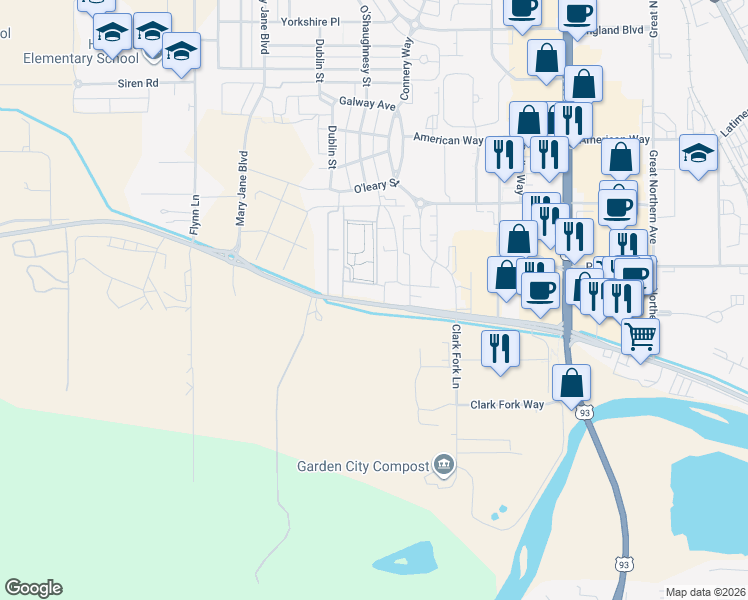 map of restaurants, bars, coffee shops, grocery stores, and more near 4000 Mullan Road in Missoula