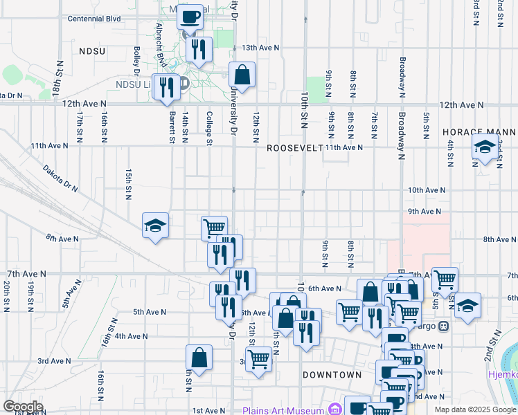 map of restaurants, bars, coffee shops, grocery stores, and more near 817 12th Street North in Fargo