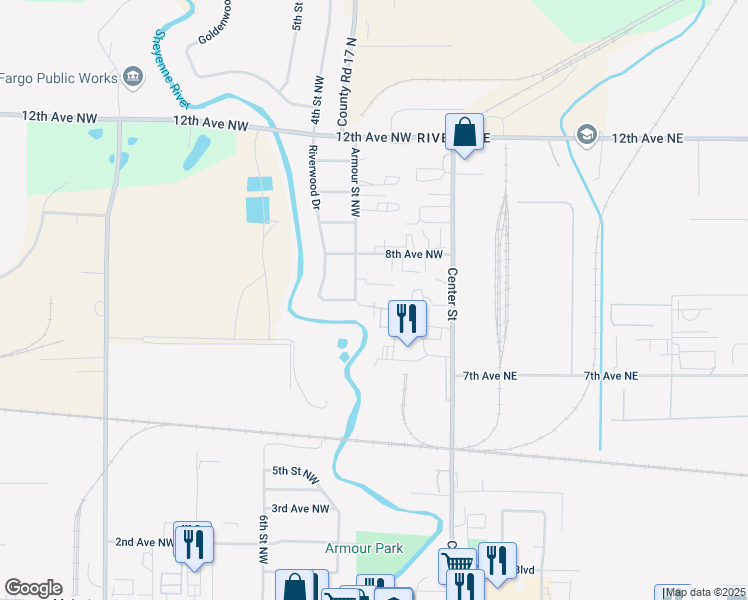 map of restaurants, bars, coffee shops, grocery stores, and more near 635 Armour Street Northwest in West Fargo