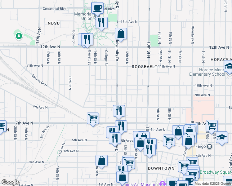 map of restaurants, bars, coffee shops, grocery stores, and more near 819 North University Drive in Fargo