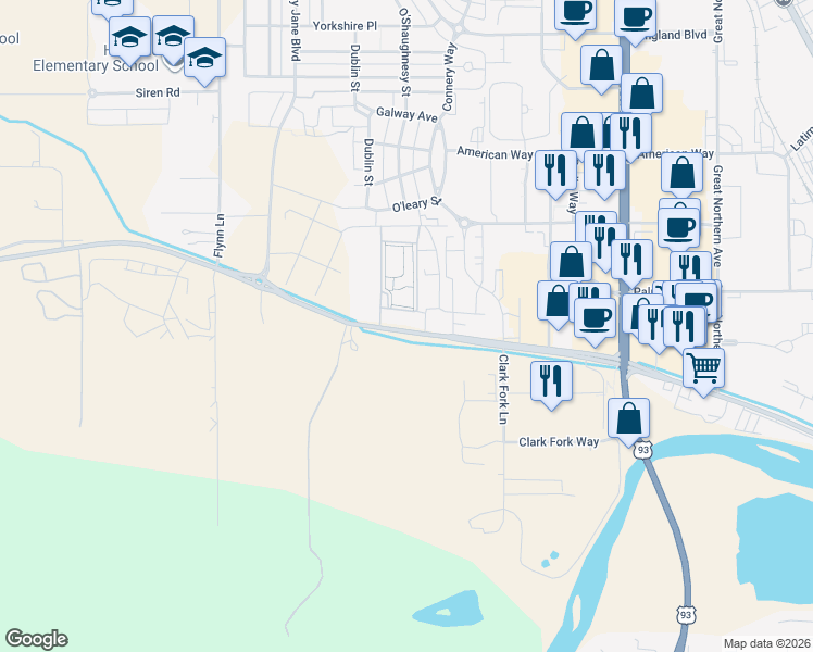 map of restaurants, bars, coffee shops, grocery stores, and more near 4000 Mullan Road in Missoula