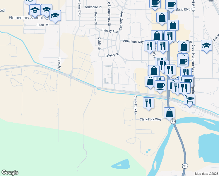 map of restaurants, bars, coffee shops, grocery stores, and more near 4000 Mullan Road in Missoula