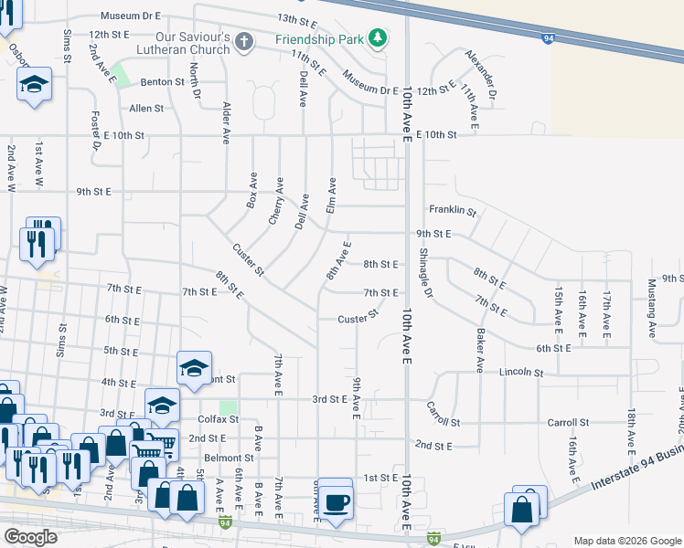 map of restaurants, bars, coffee shops, grocery stores, and more near 857-909 7th Street East in Dickinson