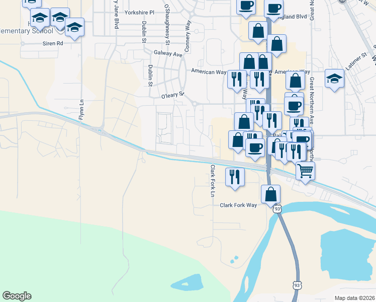 map of restaurants, bars, coffee shops, grocery stores, and more near 3550 Mullan Road in Missoula