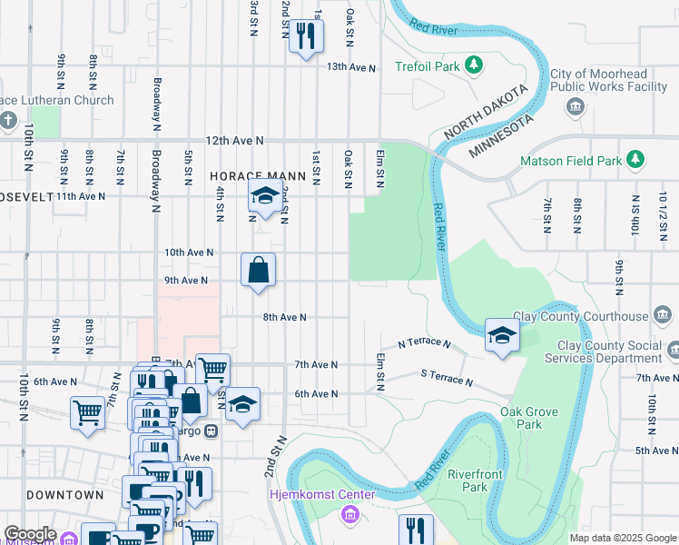 map of restaurants, bars, coffee shops, grocery stores, and more near 814 Oak Street North in Fargo