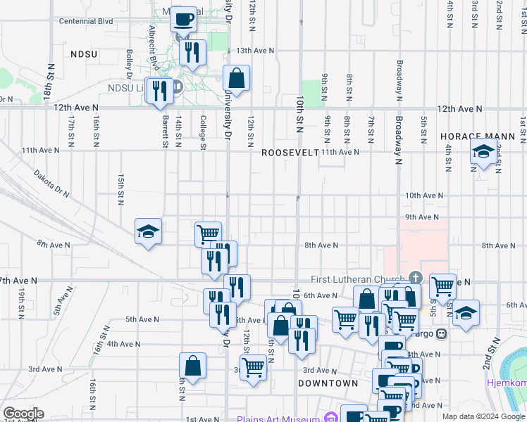 map of restaurants, bars, coffee shops, grocery stores, and more near 817 12th Street North in Fargo