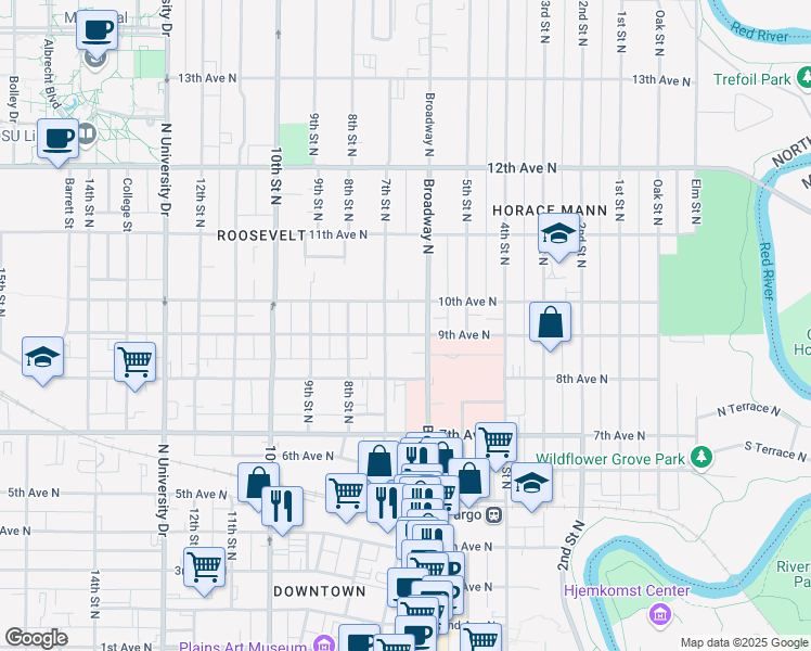 map of restaurants, bars, coffee shops, grocery stores, and more near 611 9th Avenue North in Fargo