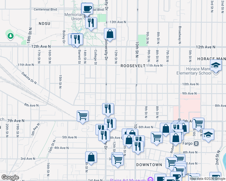 map of restaurants, bars, coffee shops, grocery stores, and more near 817 12th Street North in Fargo