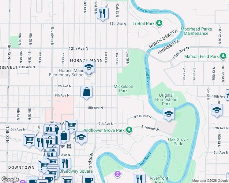 map of restaurants, bars, coffee shops, grocery stores, and more near 814 Oak Street North in Fargo