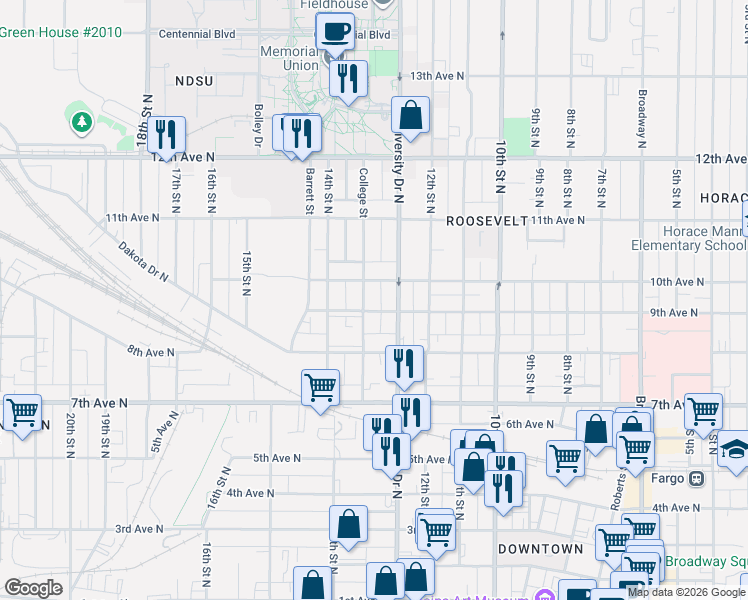 map of restaurants, bars, coffee shops, grocery stores, and more near 817 College Street North in Fargo