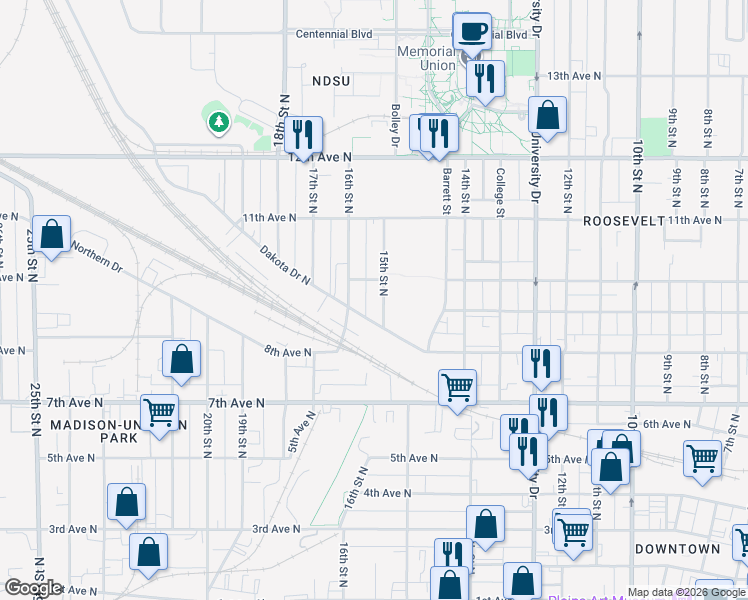 map of restaurants, bars, coffee shops, grocery stores, and more near 1516 Dakota Drive North in Fargo