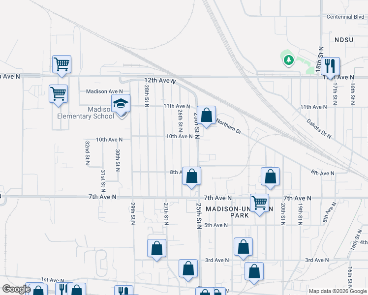 map of restaurants, bars, coffee shops, grocery stores, and more near 817 26th Street North in Fargo