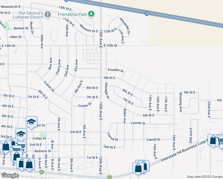 map of restaurants, bars, coffee shops, grocery stores, and more near 1226 7th Street East in Dickinson