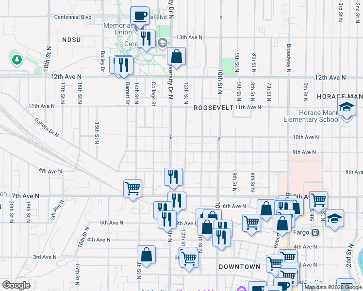 map of restaurants, bars, coffee shops, grocery stores, and more near 817 12th Street North in Fargo