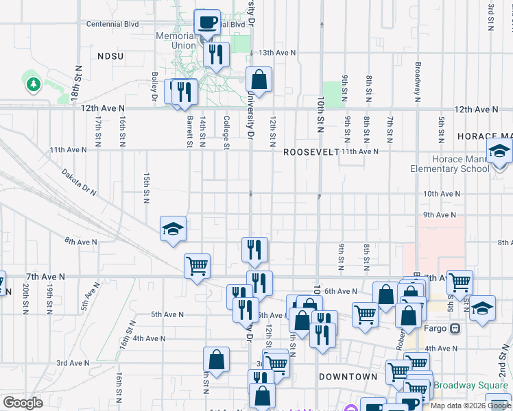 map of restaurants, bars, coffee shops, grocery stores, and more near 819-821 North University Drive in Fargo