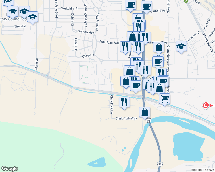 map of restaurants, bars, coffee shops, grocery stores, and more near 3770 Mullan Road in Missoula