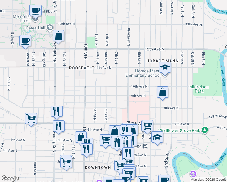 map of restaurants, bars, coffee shops, grocery stores, and more near 711 10th Avenue North in Fargo