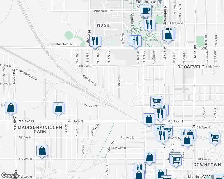 map of restaurants, bars, coffee shops, grocery stores, and more near 1001 16th Street North in Fargo