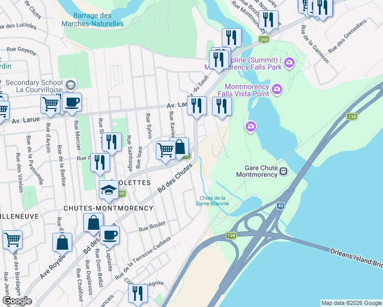 map of restaurants, bars, coffee shops, grocery stores, and more near 2476 Avenue Royale in Québec City