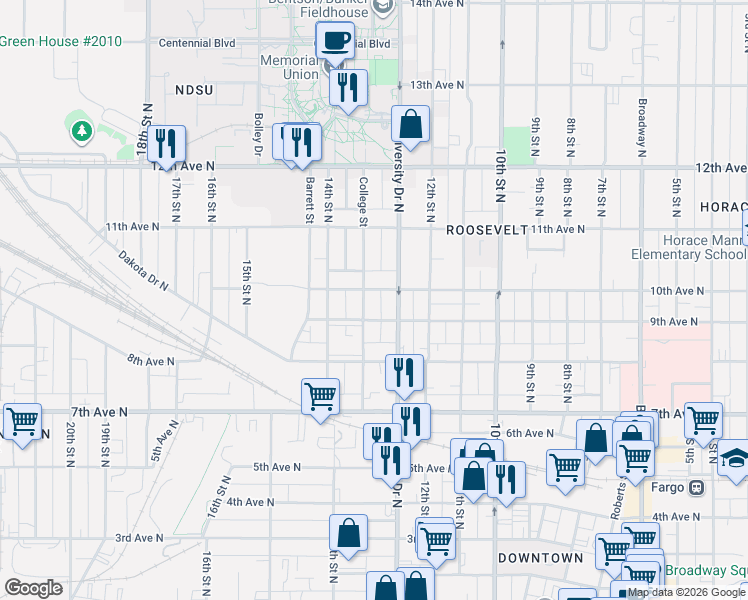 map of restaurants, bars, coffee shops, grocery stores, and more near 1001 College Street in Fargo