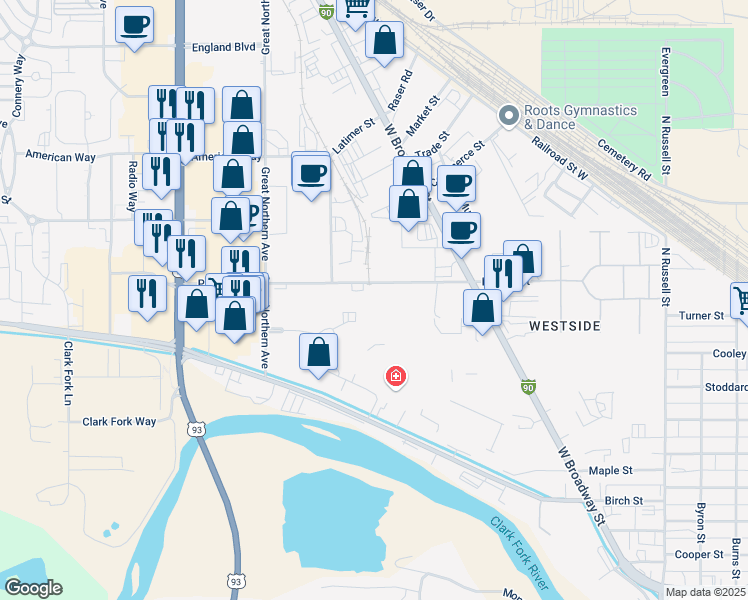 map of restaurants, bars, coffee shops, grocery stores, and more near 2685 Palmer Street in Missoula