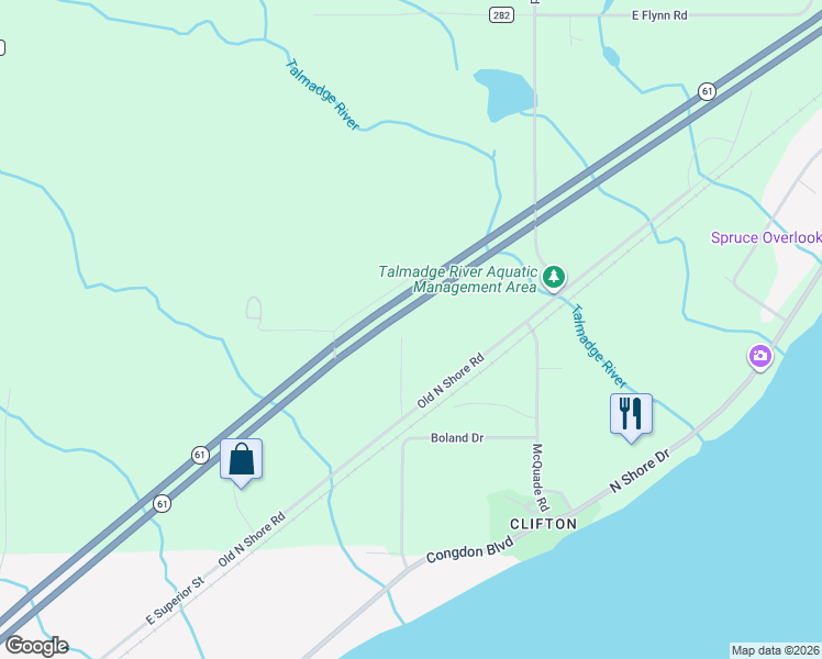 map of restaurants, bars, coffee shops, grocery stores, and more near 9612 Minnesota 61 in Duluth