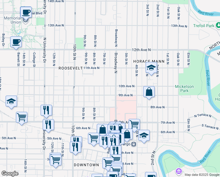 map of restaurants, bars, coffee shops, grocery stores, and more near 619 10th Avenue North in Fargo