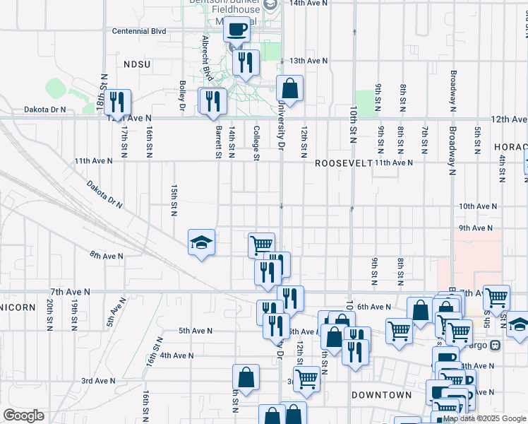 map of restaurants, bars, coffee shops, grocery stores, and more near 1001 College Street in Fargo