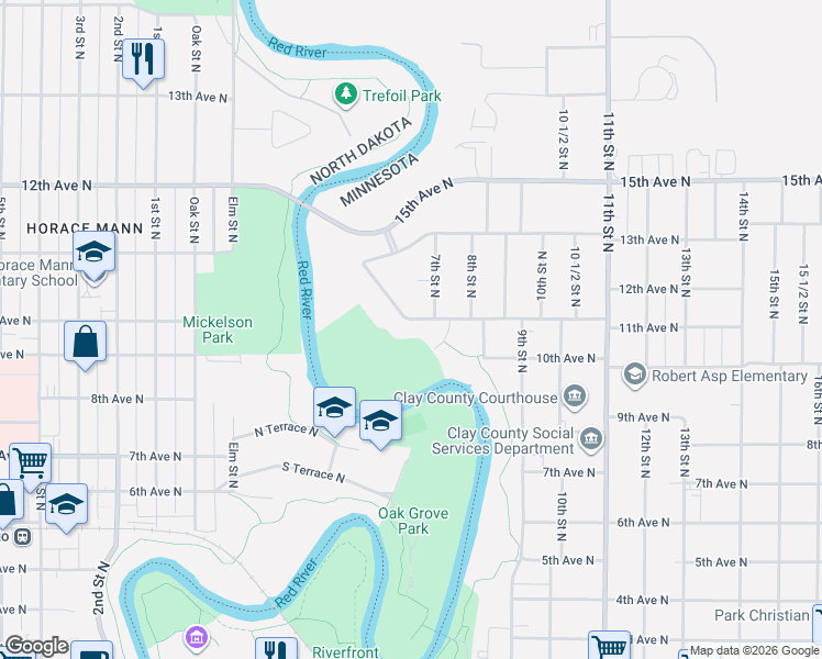map of restaurants, bars, coffee shops, grocery stores, and more near 628 11th Avenue North in Moorhead
