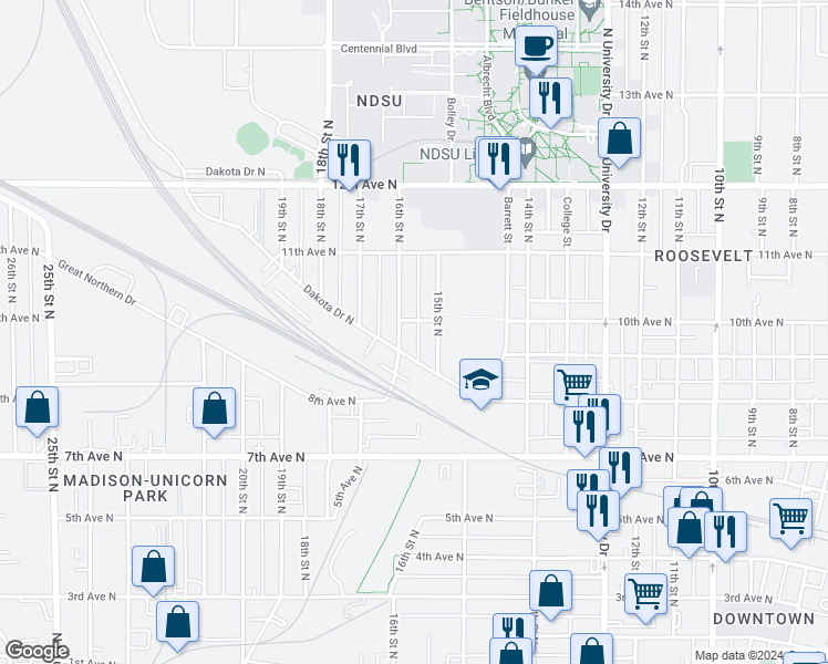 map of restaurants, bars, coffee shops, grocery stores, and more near 919 16th Street North in Fargo