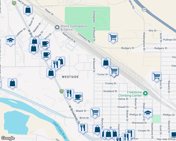 map of restaurants, bars, coffee shops, grocery stores, and more near South Caravan in Missoula