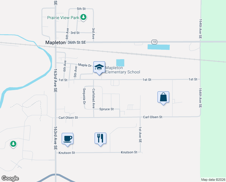 map of restaurants, bars, coffee shops, grocery stores, and more near 62-118 1st Street in Mapleton