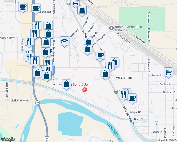 map of restaurants, bars, coffee shops, grocery stores, and more near 2597-2651 Palmer Street in Missoula
