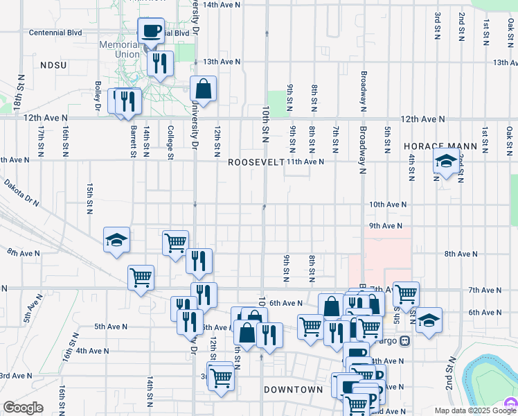 map of restaurants, bars, coffee shops, grocery stores, and more near 1001 10th Street North in Fargo
