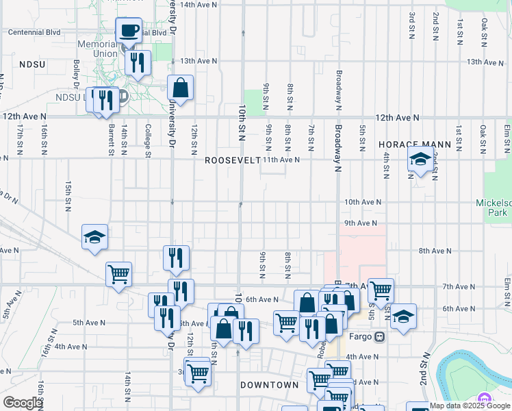 map of restaurants, bars, coffee shops, grocery stores, and more near 906 10th Avenue North in Fargo