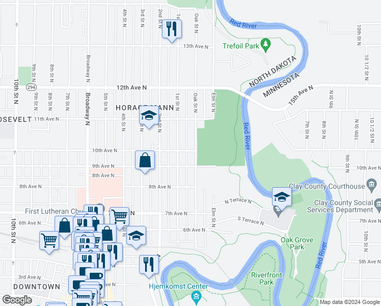 map of restaurants, bars, coffee shops, grocery stores, and more near 1002 Oak Street North in Fargo