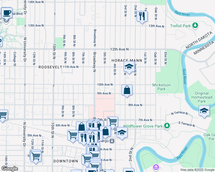 map of restaurants, bars, coffee shops, grocery stores, and more near 1001 5th Street North in Fargo