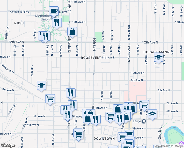 map of restaurants, bars, coffee shops, grocery stores, and more near 1001 10th Street North in Fargo