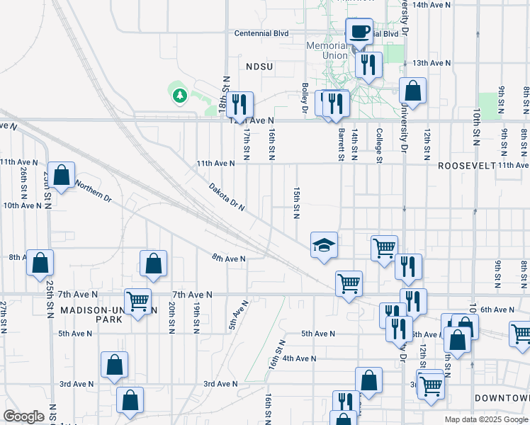 map of restaurants, bars, coffee shops, grocery stores, and more near 1001 17th Street North in Fargo